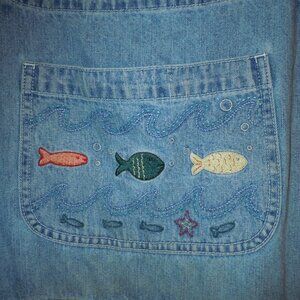 VTG!! EUC! Christopher & Banks Women's Denim FISH Embroidered SHORTALLS XL